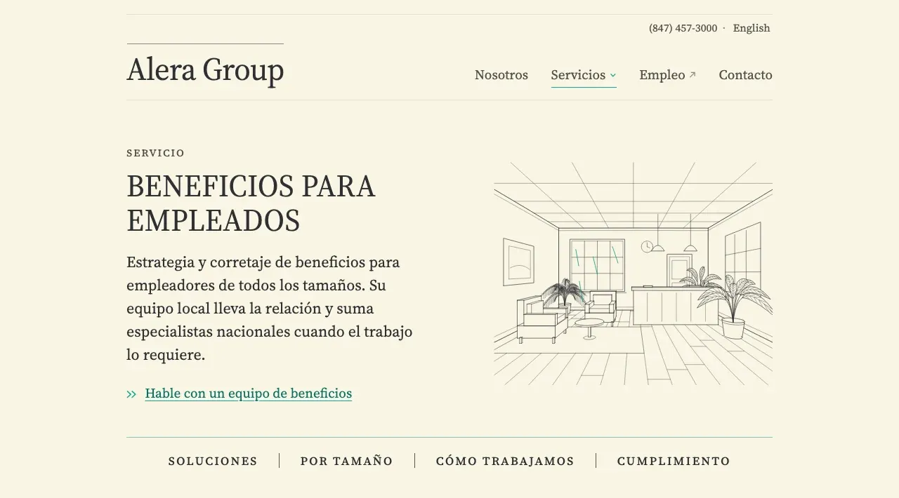 La página de Beneficios para empleados en línea, sobre papel crema: el encabezado, el título BENEFICIOS PARA EMPLEADOS y su introducción junto a un dibujo a tinta de la recepción de una oficina de beneficios, y la fila de índice de la página: Soluciones, Por tamaño, Cómo trabajamos, Cumplimiento.